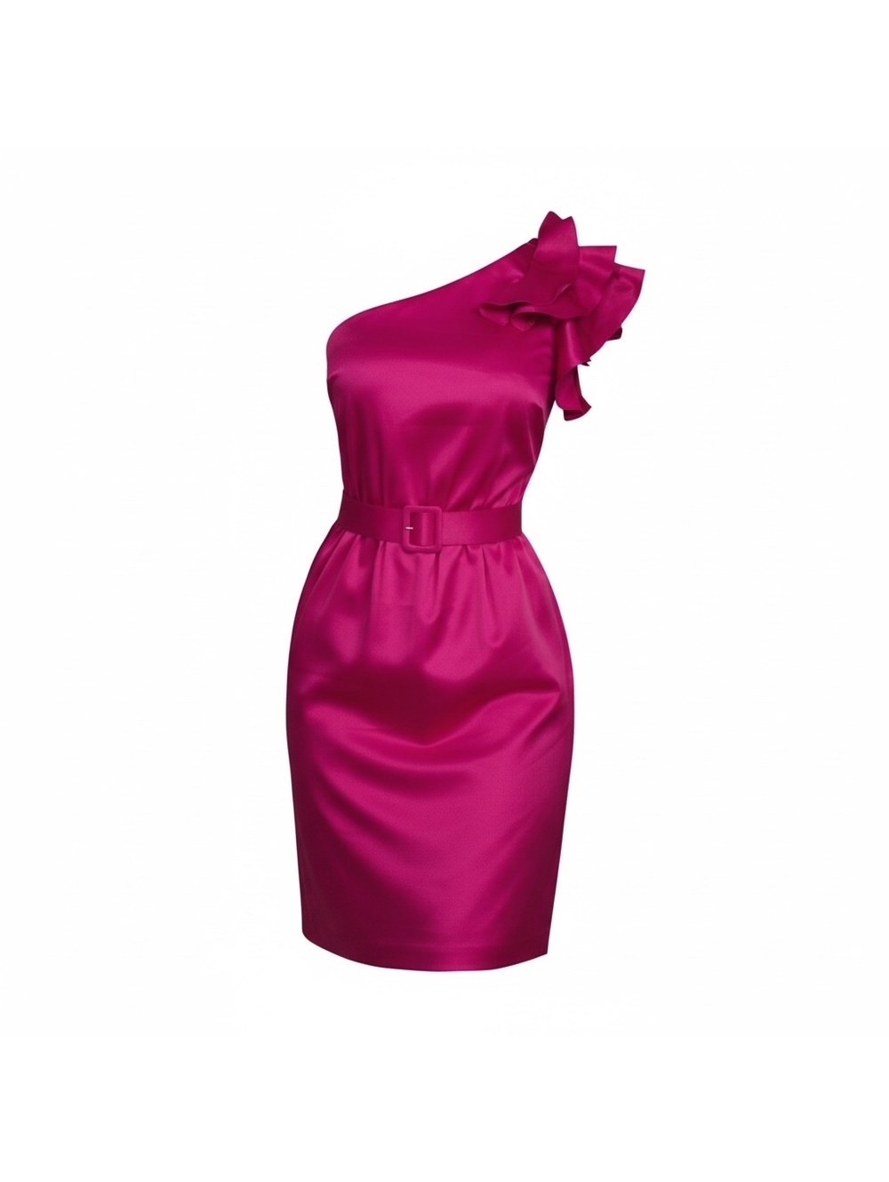 Vintage Cache Fuchsia Satin One-Shoulder Ruffle Dress